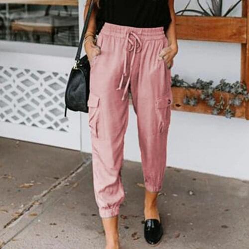 Woman Pants 2021 y2k Pink Grey Elastic High Waisted Trousers Women Summer Chic Loose Multi-pockets Woman Straight Pants