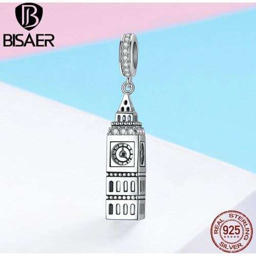BISAER Hot Sale 925 Sterling Silver Big Ben UK British Ben Charms Beads fit Original Bracelet Silver 925 Jewelry Making ECC868