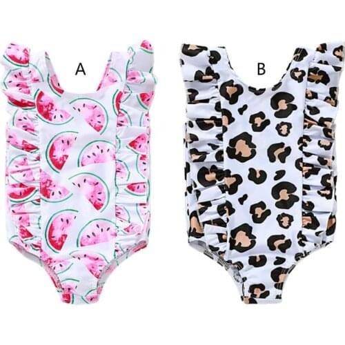 Infant Toddler Baby Girls One Piece Swimsuit Cute Watermelon Leopard Printed Ruffle Swimwear Kids Beachwear Tankini Bathing