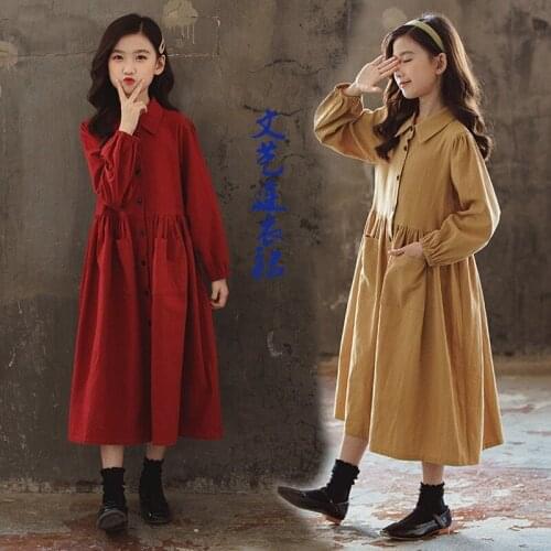 2020 Autumn Korean Childrens Skirts Fashion Big Childrens Shirt Skirt Cotton and Linen Long Sleeve Skirt Girls Long Dress