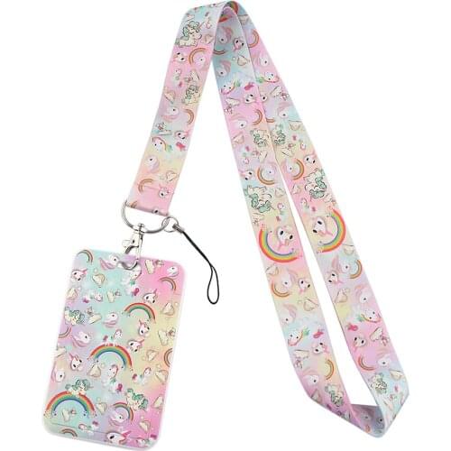 ER579 Cartoon Rainbow Lucky Horse Lanyard Credit Card ID Holder Student Travel Bus Business Card Cover Badge Gifts