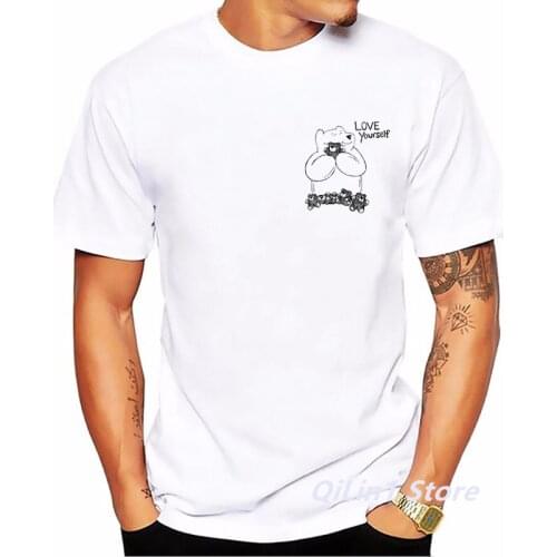 Funny Bear Love Yourself Pocket Print Tshirt Men Cute Panda Tee Shirt Homme Harajuku Kawaii Clothes Summer Short Sleeve T-Shirt