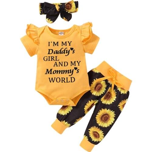 0-24M Newborn Infant Baby Girls Clothes Sets Letter Short Sleeve Romper Sunflowers Pants Headband
