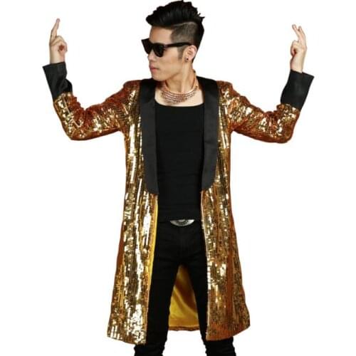 Personality slim sexy trench coat men overcoat singer dance stage street star style dress mens clothing sequins outerwear gold