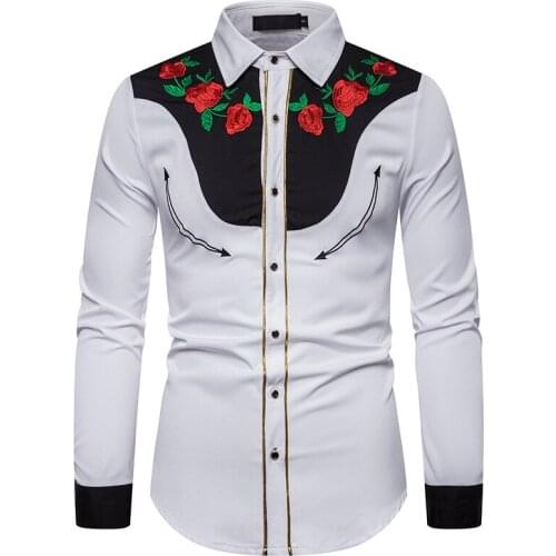 Mens Rose Floral Embroidery White Dress Shirts Slim Fit Long Sleeve Men Shirt Party Wedding Tuxedo Shirt Male Camisa Masculina