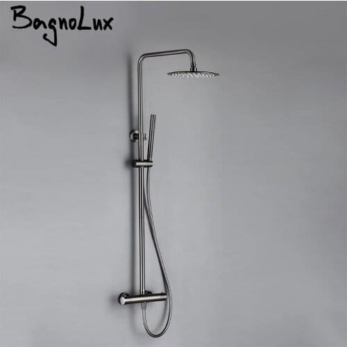 Wall-Mounted Thermostatic Valve System Bagnolux Brushed Gray Brass Rain Faucet 8 - 12" Top Spray Head Bathroom Shower Set
