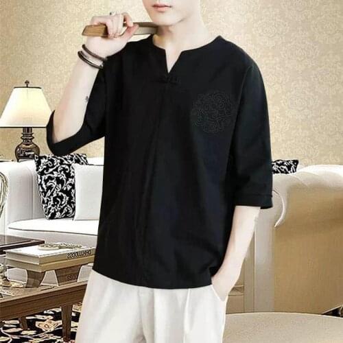 New summer Chinese style short sleeve T-shirt trend mens large size loose embroidery half sleeve Tang suit Han suit mens jacke