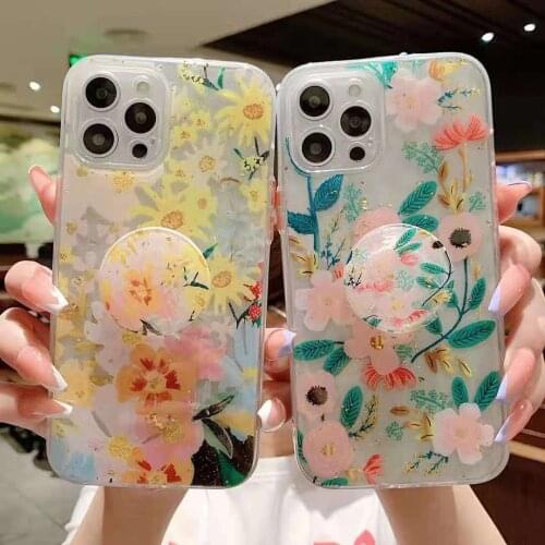 Korea Transparent Flower Stand holder Phone Case For IPhone 11 12 Pro Max 8 7 Plus X XR XS SE Clear Glitter Sequin Soft Cover