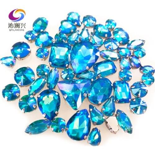 50pcs/pack Lake Blue AB Color Mix Shape Crystal Glass Claw Rhinestone,Silver Base flatback Sew on Stones Diy/Clothing accessorie
