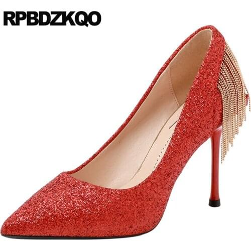 Metal golden ladies glitter stiletto pumps gold women party shoes super thin bridal tassel pointed toe extreme red high heels