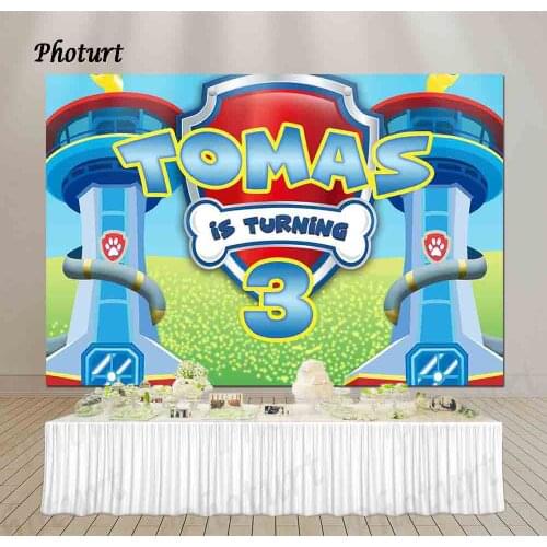 PHOTURT Cartoon Bithday Party Background Blue Sky Dog Paw Baby Shower Photography Backdrop Tower Custom Vinyl Photo Booth Props