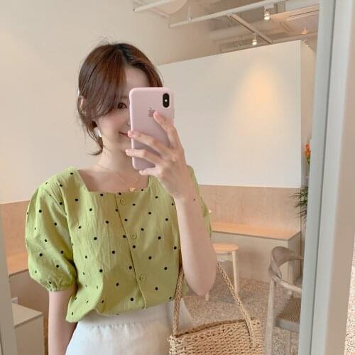 Square print green shirt femme Casual Vintage Women short sleeve Cotton Girls Blouse Plus Size Summer Women Blouses Top femme