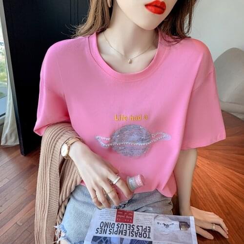 2021 new O-neck Summer Fashion Beading Shirt T Shirt Women Tops Loose Short sleeve Women Tshirt summer tshirt women tops