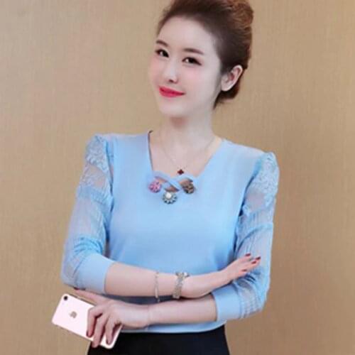Womens Spring Autumn Style Chiffon Blouse Shirt Womens Solid Color Rivet Bead V-Neck Long Sleeve Elegant Korean Tops DD8379