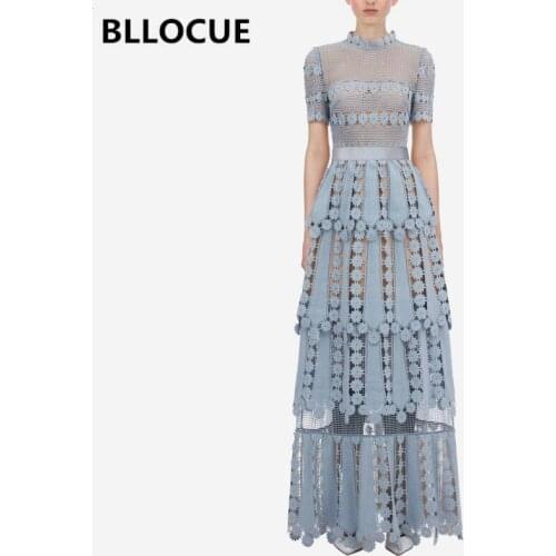 BLLOCUE High Quality Luxury Design Self Portrait Runway Dress Autumn Women Lace Hollow Out Layer Cake Long Dress Vestidos