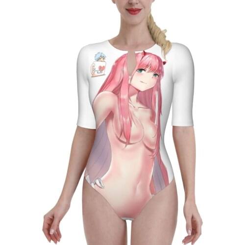 Women 2021 sexy Bikini Zero Two Pink Girl 002 Goro Hiro Half Sleeve zip Women Swimsuit One-Piece Japanese Anime Women Beach wear
