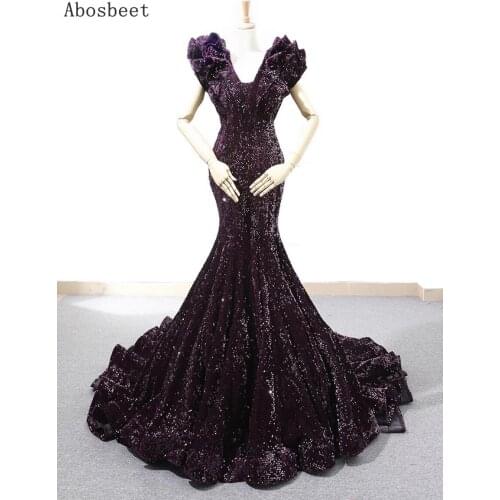 DD JYOY New Fashion Mermaid Evening Dress Long Purple Black Red 3 Colors Elegant Women Evening Gown Long Train V Neck Lace Up