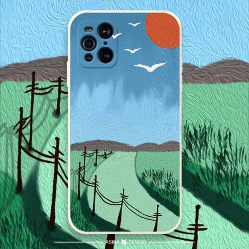 ASINA Liquid Silicone Case For Find X3 X2 Lite Neo Cartoon Oil Painting Straight Edge Cover Bumper For OPPO Reno 6 5 4 Pro Capa