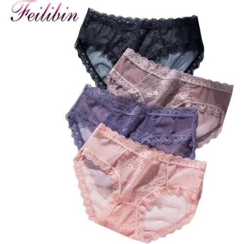 ZJX 4Pcs/set Women Sexy Lace Panties Ultra-thin Underwear Girls Low Rise Briefs Transparent Panties Cotton Crotch Lingerie