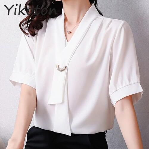 2021 Summer Blouse Shirt For Women Fashion Short Sleeve V Neck Casual Office Lady White Shirts Tops Japan Korean Style Plus Size