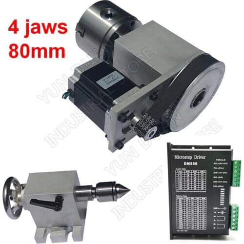 4 Axis rotation A Axis Rotary & Driver & 4 Jaw 80mm Chuck and Nema23 stepper motor& Tailstock kit for wood CNC Milling Router