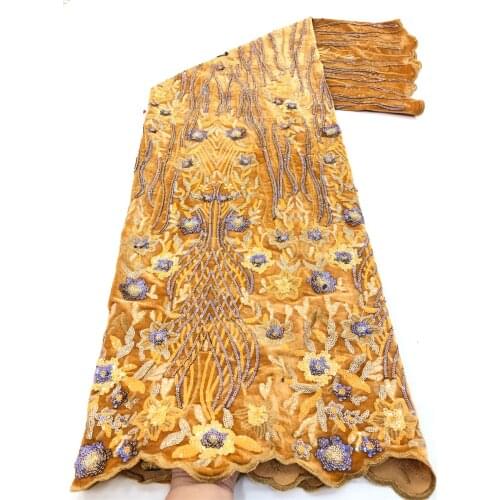 African Velvet Lace Fabric 2021 High Quality Nigeria Lace Fabric Yellow Sequins Embroidery Tulle French Lace For Women Dress
