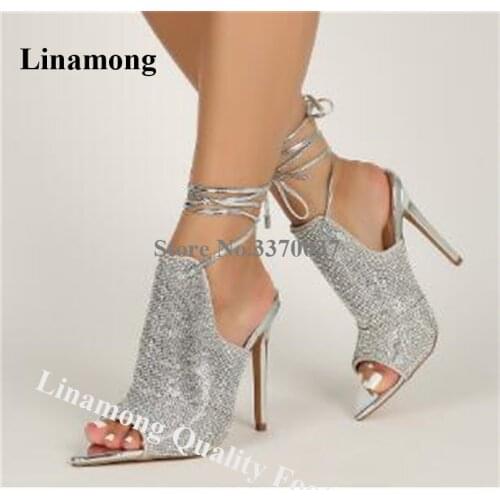 Bling Bling Silver Rhinestone Pointed Open Toe Stiletto Heel Pumps Ankle Lace-up Cut-out Crystal High Heels Wedding Shoes