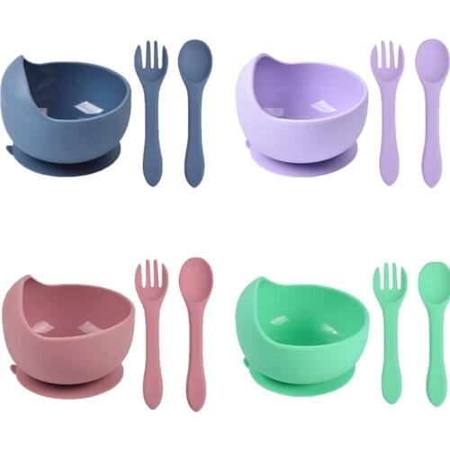 Sucton Baby bowl spoon Fork silicone tableware children handle silicone spoon Suction bowl baby silicone bowl Lunch Feeding Bowl
