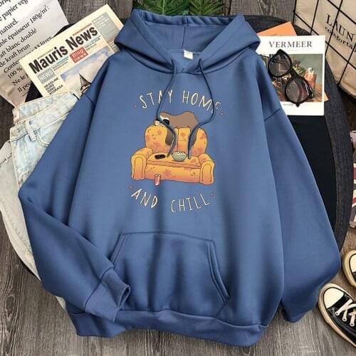 Sloth Stay Home and Chill Print Hoodies Man Harajuku Fleece Pocket Sweatshirt Mens Cartoons Fashion Hoody Anime Hip Hop Hoodies