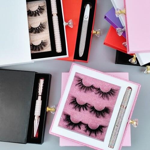 New Eyelash Packaging Box Packaging with Tray Fit Eyeliner Glue Fluffy 25mm Mink Lashes Box Eyelash Package Custom Logo