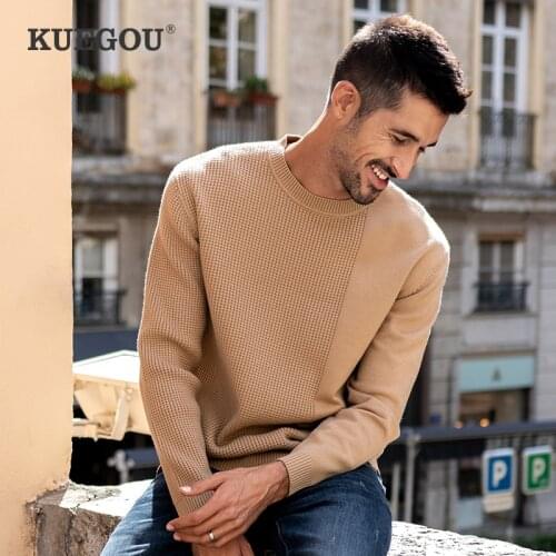 KUEGOU 2020 Autumn Plain Black Khaki Solid Sweater Men Pullover Casual Jumper For Male Brand Knitted Korean Style Clothes 2202