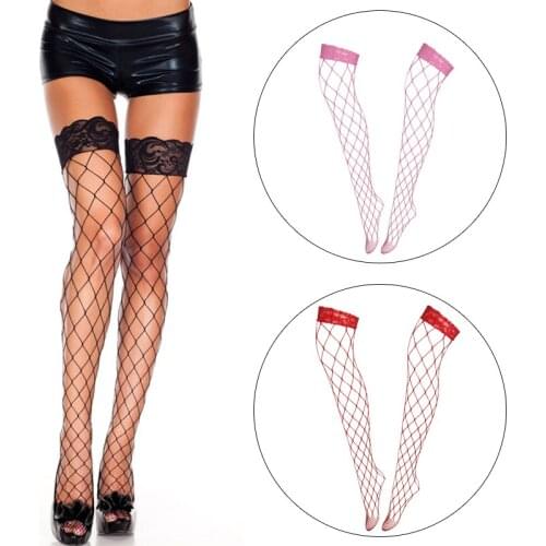 Summer Women Lace Stockings Hollow Out Fishnet Stockings Black White Red Long Thigh High Stockings Lingerie Medias De Mujer