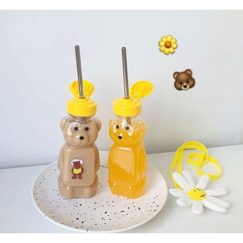 Lovely Cartoon Bear Straw Cup Water Bottle with Lid Leakproof Home Travel Couples Children Festival Gift 250ml