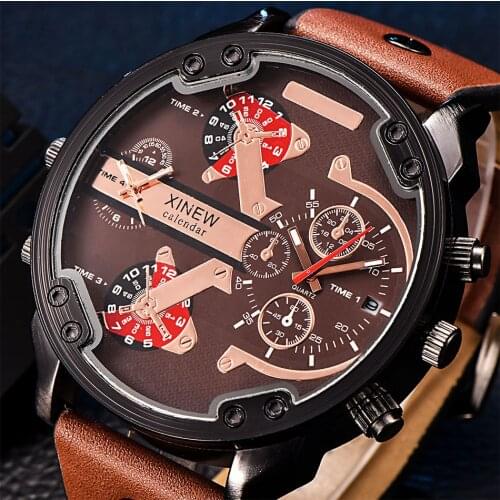 Wholesale Mens Watches Fashion Oversized Dial Date Japan Quartz Leather Strap Casual Watch Dual Time Montre Homme Marque Luxe dz