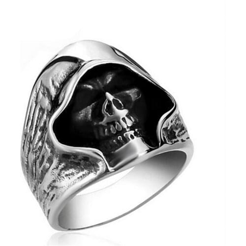 Mens Gothic Biker Vintage Grim Reaper Silver 316L Stainless Steel Skull Ring Fashion Jewelry