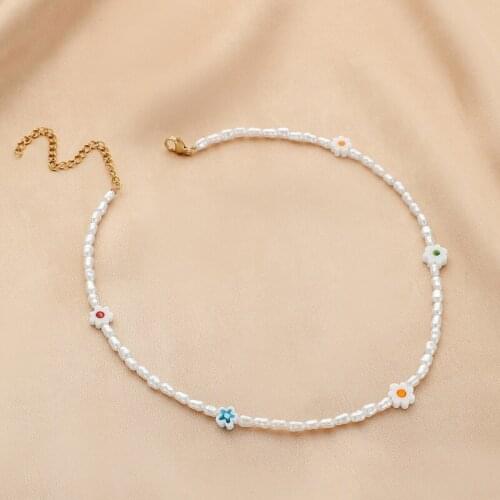 Origin Summer Bohemia Handmade Genuine Pearl Beaded Necklace for Women Ladies Cute Flowers Charm Chokers Necklace Accessories