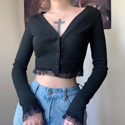 Goth Autumn Long Sleeve Crop Top Vintage Gothic Lace Black Cardigan Harajuku Sexy V NeckWomen Button Up Cardigan Knitted