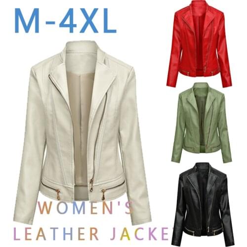 HENCHIRY Ladies Leather Jacket Coat Zipper Thin Waist Type Spring and Autumn Black Beige Grass Green Red HENCHIRY