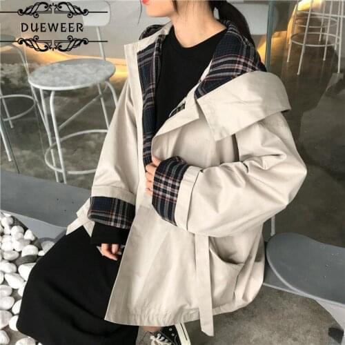 Jackets Women Patchwork Oversize Lace Up Windbreaker All-match Retro Korean Style Hooded Plaid Chic Outwear