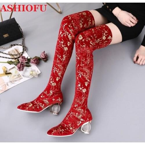 ASHIOFU New Handmade Womens Long Boots Lace-leather Chinese-style Wedding Party Over Knee Boots Evening Fashion Winter Boots