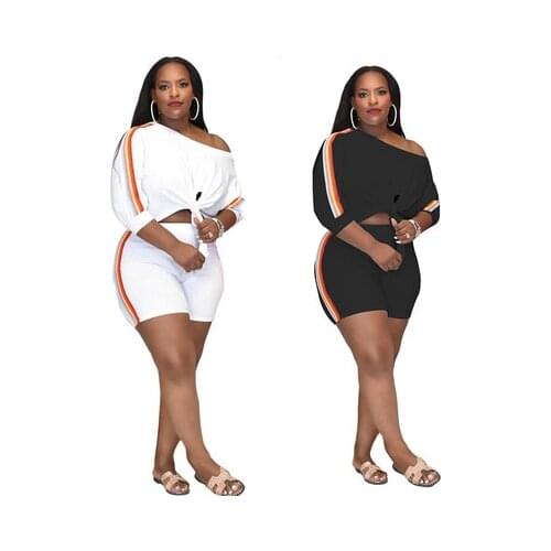 Cutubly Two Piece Plus Size Stripes Loose Women Sets One Shoulder Short Set For Women Lace Up Hollow Out Long Sleeve Short Sets