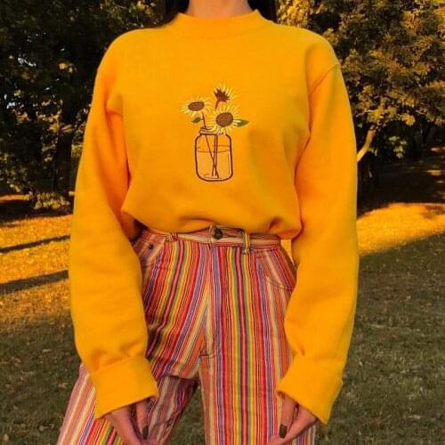 Yellow Sun Flower Print Woman Autumn Sweatshirt O-Neck Loose Casual Pullover Female Chic Cute Tops Winter Clothes