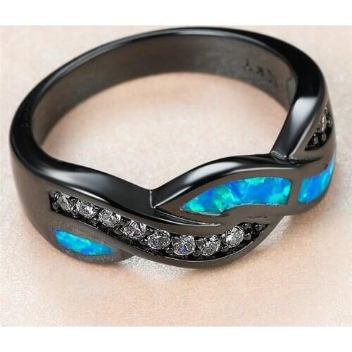 Cute Female Blue Opal Stone Ring Charm 14KT Black Gold Wedding Rings For Women Luxury Bride Crystal Infinity Engagement Ring