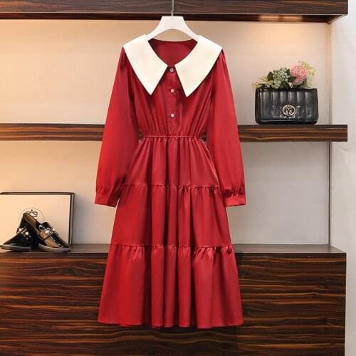 5XL plus size women Patchwork button Pleated dress autumn winter 2021 long Sleeve loose casual Oversized A Line dresses