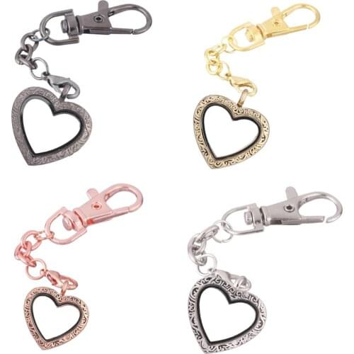 10pcs/lot Mixed color vintage Heart open locket Key Ring Memory Living Glass Keychains Locket for Floating charms Jewelry