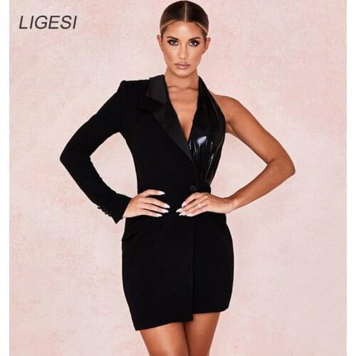 2019 Autumn One Shoulder Backless Sexy Short Mini Blazer Dress Women Deep V Neck Irregular Fashion Party Club Dress Vestidos