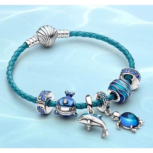 925 Sterling Silver Ocean Series Blue Secret Crystal Turtle Fish Woven Bracelet For Women Wedding Party Fashion Jewelry