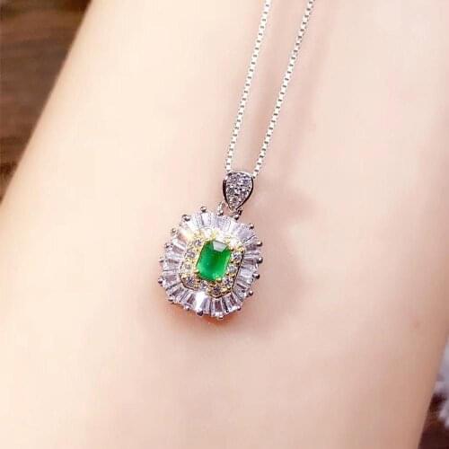 Almei Natural Emerald Pendant Necklace for Women, 925 Sterling Silver, 3*4mm Gemstone, Velvet Box Certificate FN681