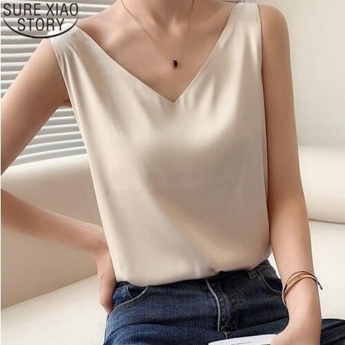 Plus Size Women Blouses 2021 New Beautiful Womens Blouses Summer V Neck Satin Office Black Women Elegant Silk Shirts 15501