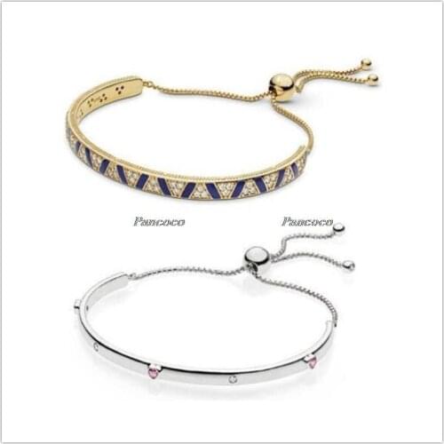 925 Sterling Silver Shine Stones & Triangular Milgrain Stripes Sliding Bracelet Fit Women Bead Charm Pandora Jewelry